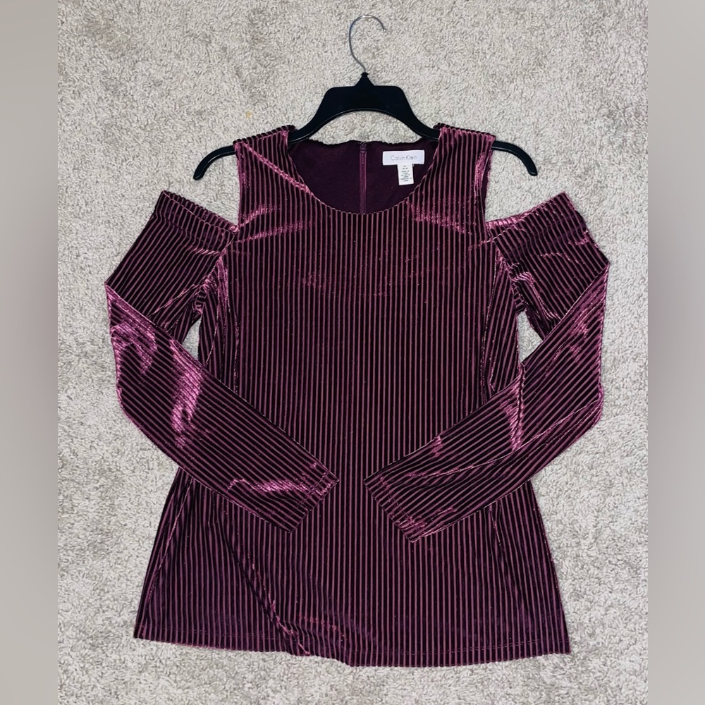 Calvin Klein Velvet Stripped Cold Shoulder Top - Size M